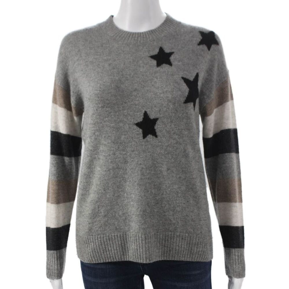 27 Miles Womens Pullover Cashmere Striped Crew Neck Gray Sweater Size S